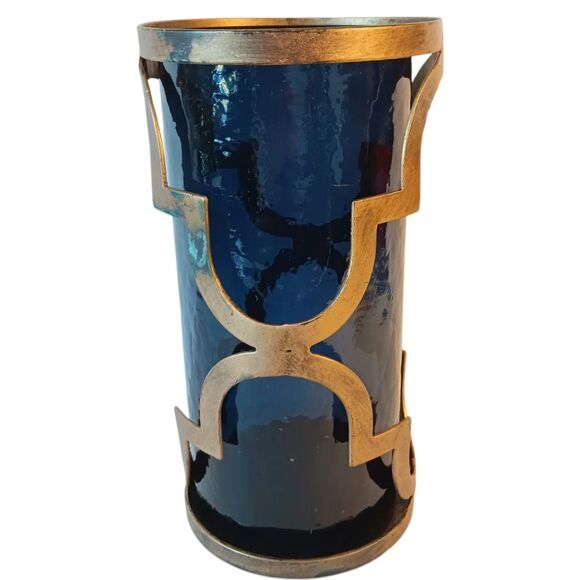 Cobalt Blue Glass and Goldtone Metal Moroccan Style Candleholder Round Cylinder - Picture 3 of 11
